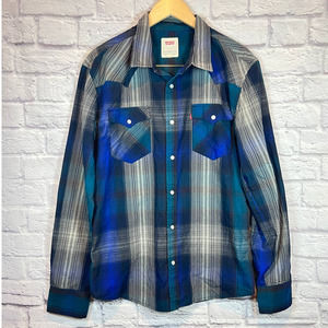5/$25 Western Plaid Levis Long Sleeve Button Up Shirt Blue Gray Black Pearl Snap